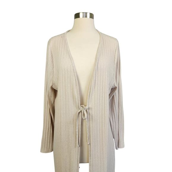 MNG Mango Womens Ribbed Long Duster Cardigan Size Large Beige Tie Front Slits - Picture 3 of 12